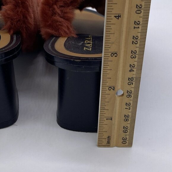 Zara Faux Fur Block Heel Mules Womens Size 38 Slip On Open Toe Sandals Burnt Red - Picture 7 of 12